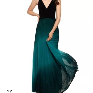 Betsy & Adam Black to Teal Ombre Pleated Maxi Dress